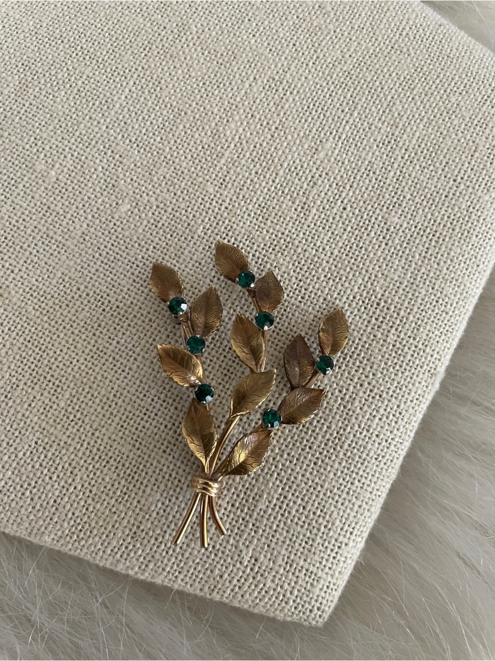 Vintage Gold Leaf floral Bouquet Brooch with Emerald Green Stones